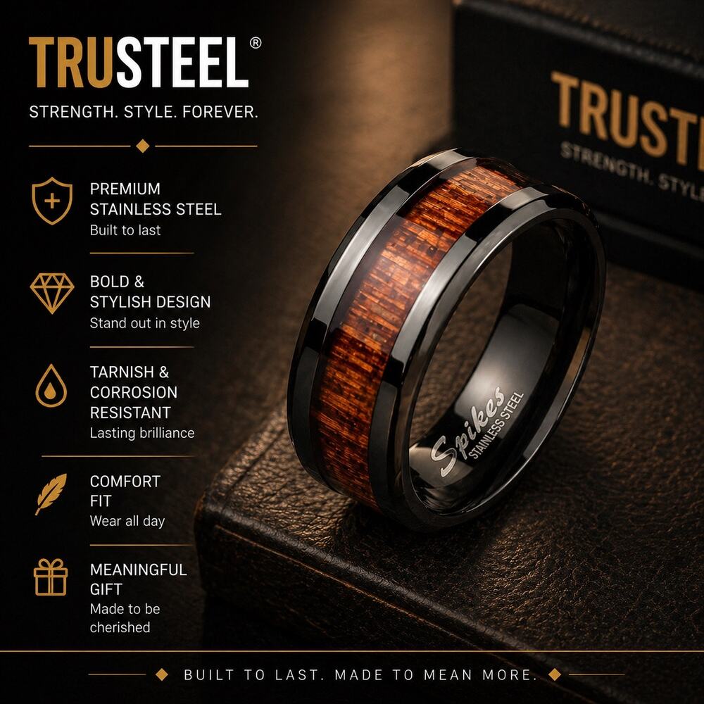Wood Inlay Center Beveled Edges Black IP Stainless Steel Ring size 12